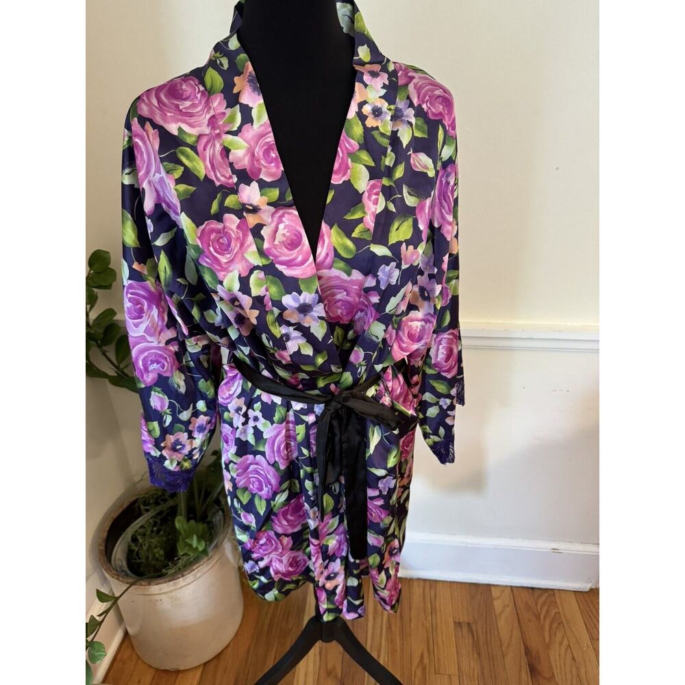 Victoria's Secret Gold Label Medium‎ Floral Robe purple blue Kimono 80s
